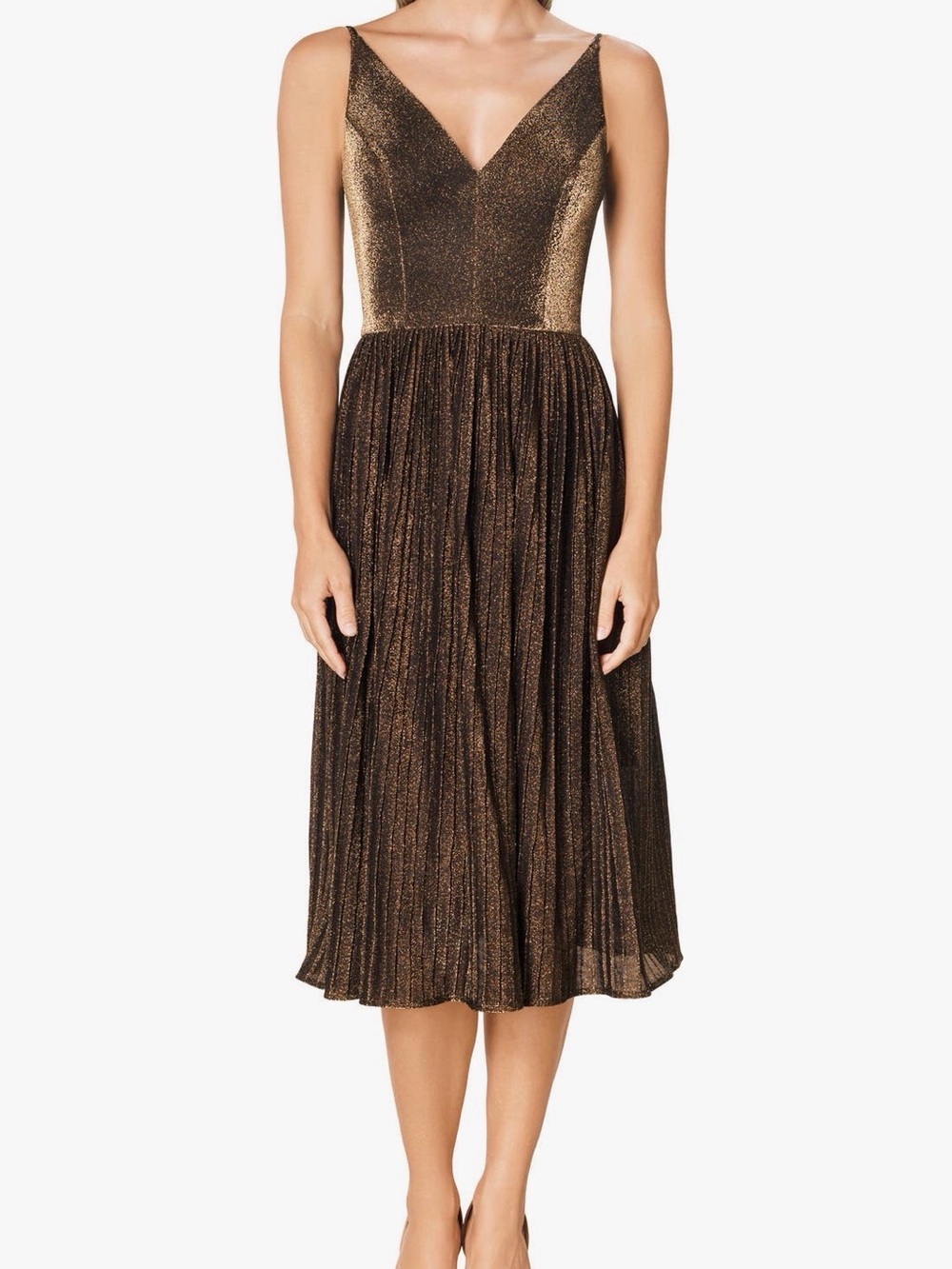 Dress the Population Shimmery Bronze V-Neck Pleated Midi Dress